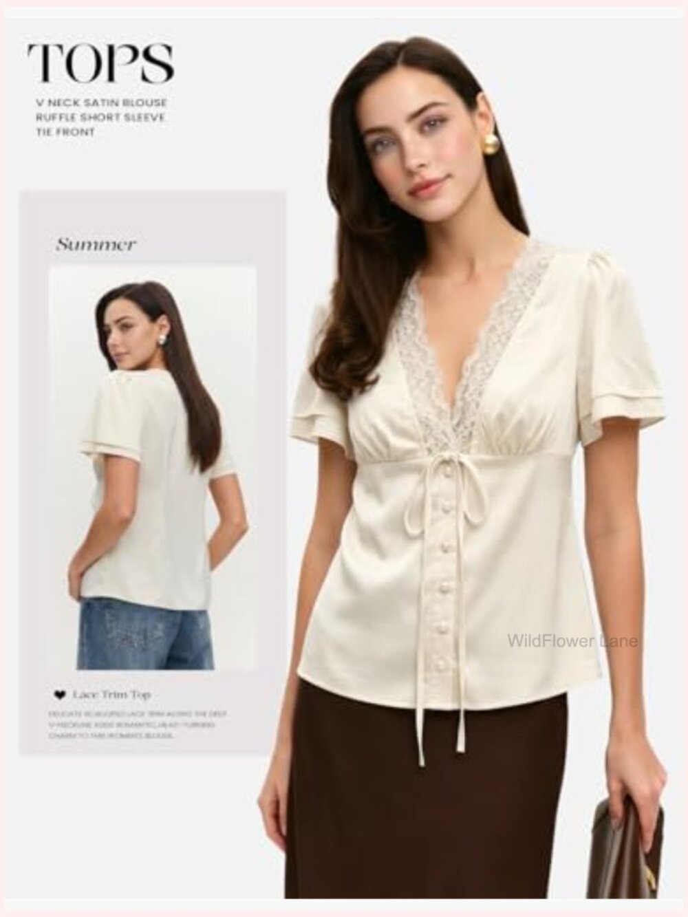 Satin V-Neck Lace Trim Blouse Tie Front Button Down Tops - Picture 4 of 6